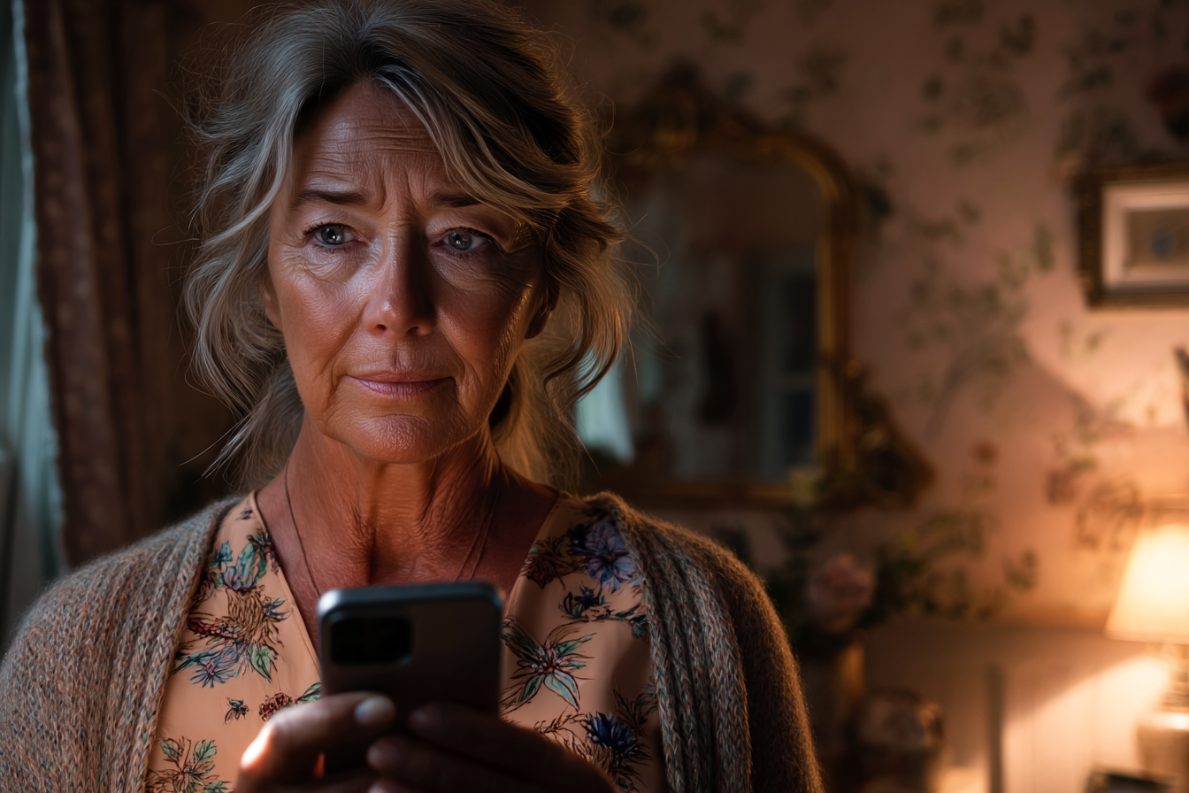 Eine ältere Frau hält ihr Telefon in der Hand | Quelle: Midjourney