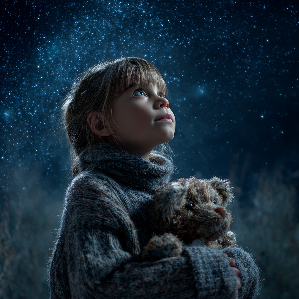 Ein neugieriges kleines Mädchen, das in den Sternenhimmel schaut, während es seinen Plüschteddybär hält | Quelle: Midjourney