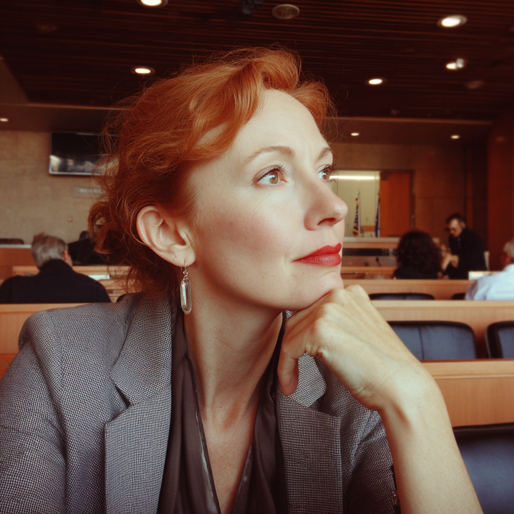 Eine selbstgefällige Frau in einem grauen Hosenanzug | Quelle: Midjourney