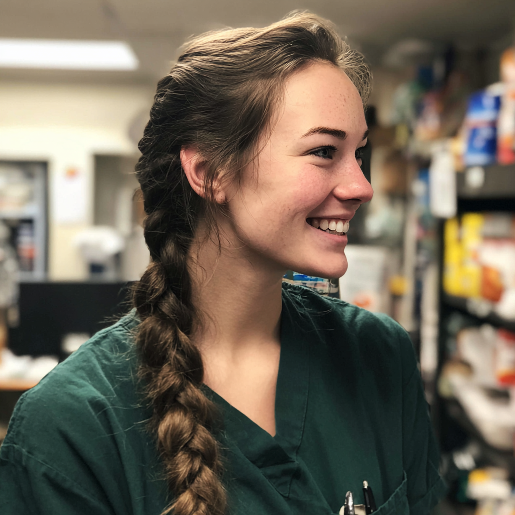 Eine lächelnde Krankenschwester, die in einem Büro steht | Quelle: Midjourney