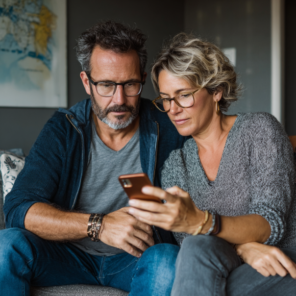 Ein Paar, das sich etwas auf einem Telefon ansieht | Quelle: Midjourney