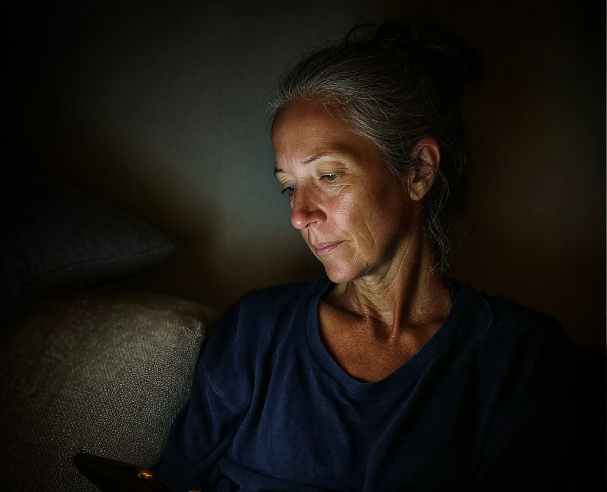Eine ältere Frau, die nachts ihr Telefon benutzt | Quelle: Midjourney