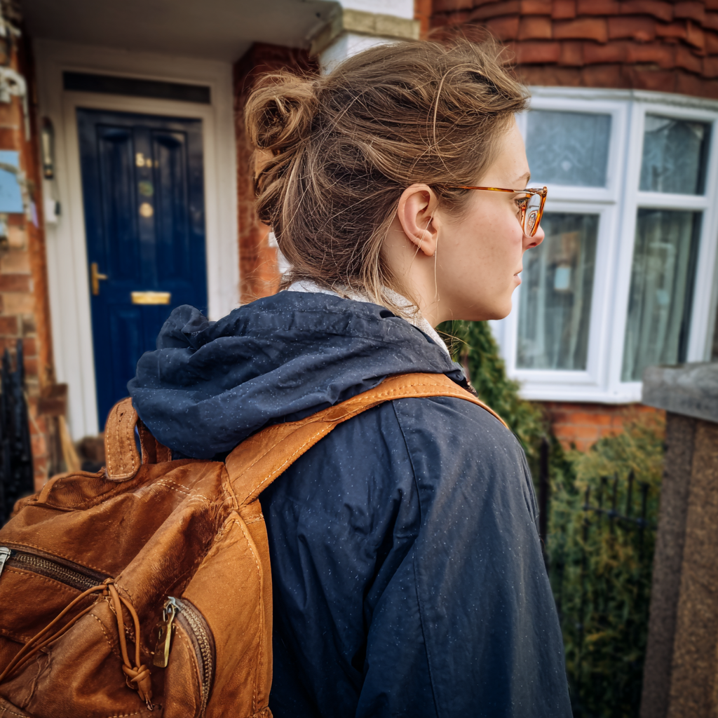 Eine Frau steht mit einem Rucksack vor einem Haus | Quelle: Midjourney