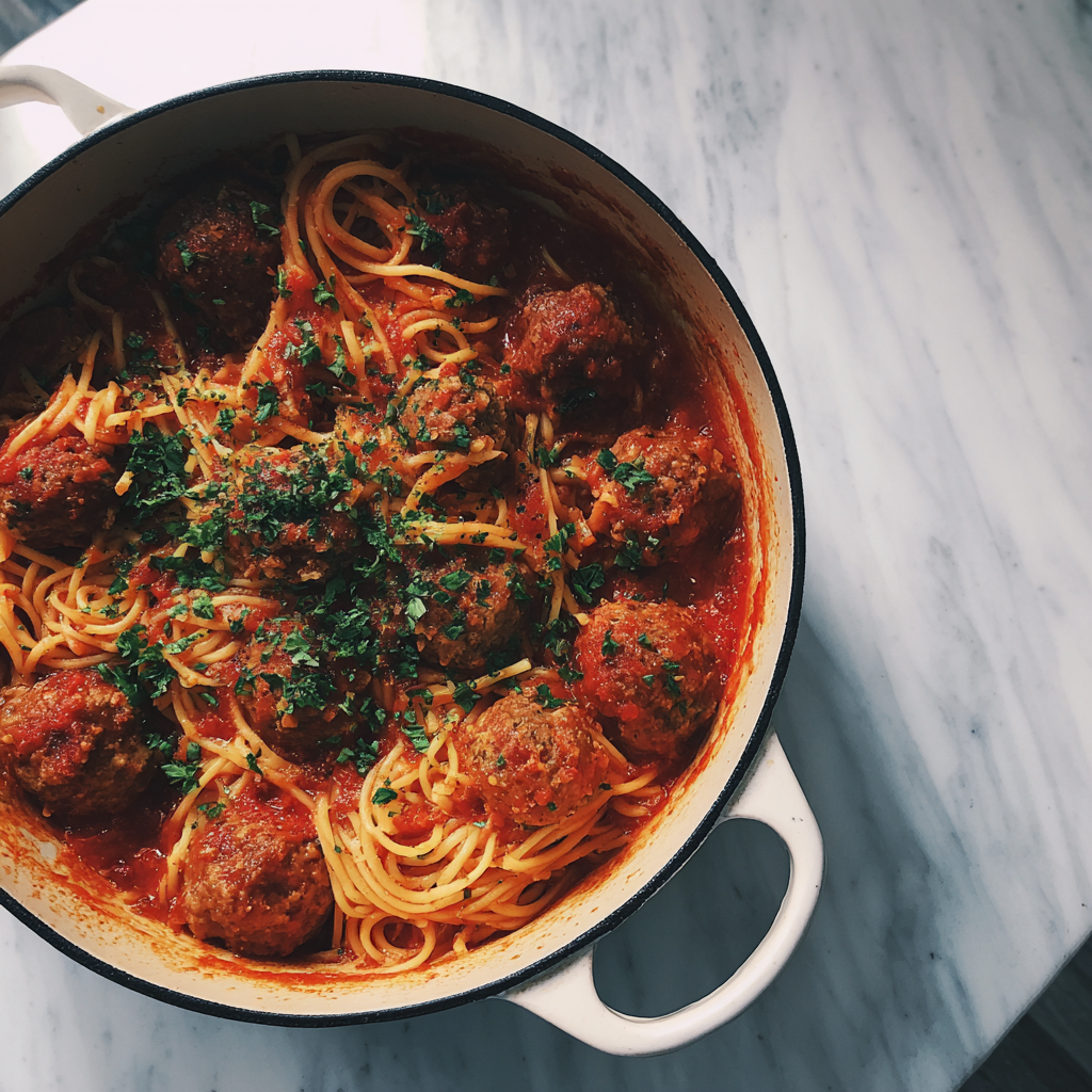 Ein Topf mit Spaghetti und Fleischbällchen | Quelle: Midjourney
