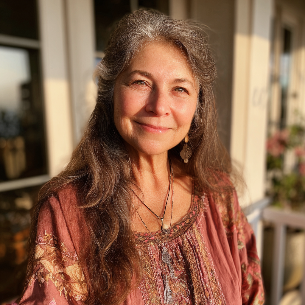 Eine lächelnde ältere Frau, die auf einer Veranda steht | Quelle: Midjourney