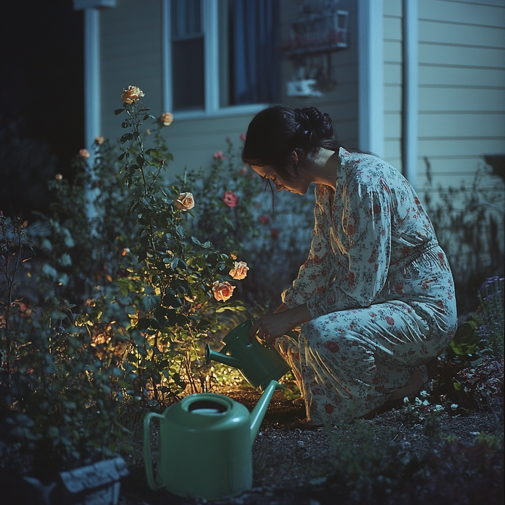 Eine Frau arbeitet nachts in einem Garten | Quelle: Midjourney