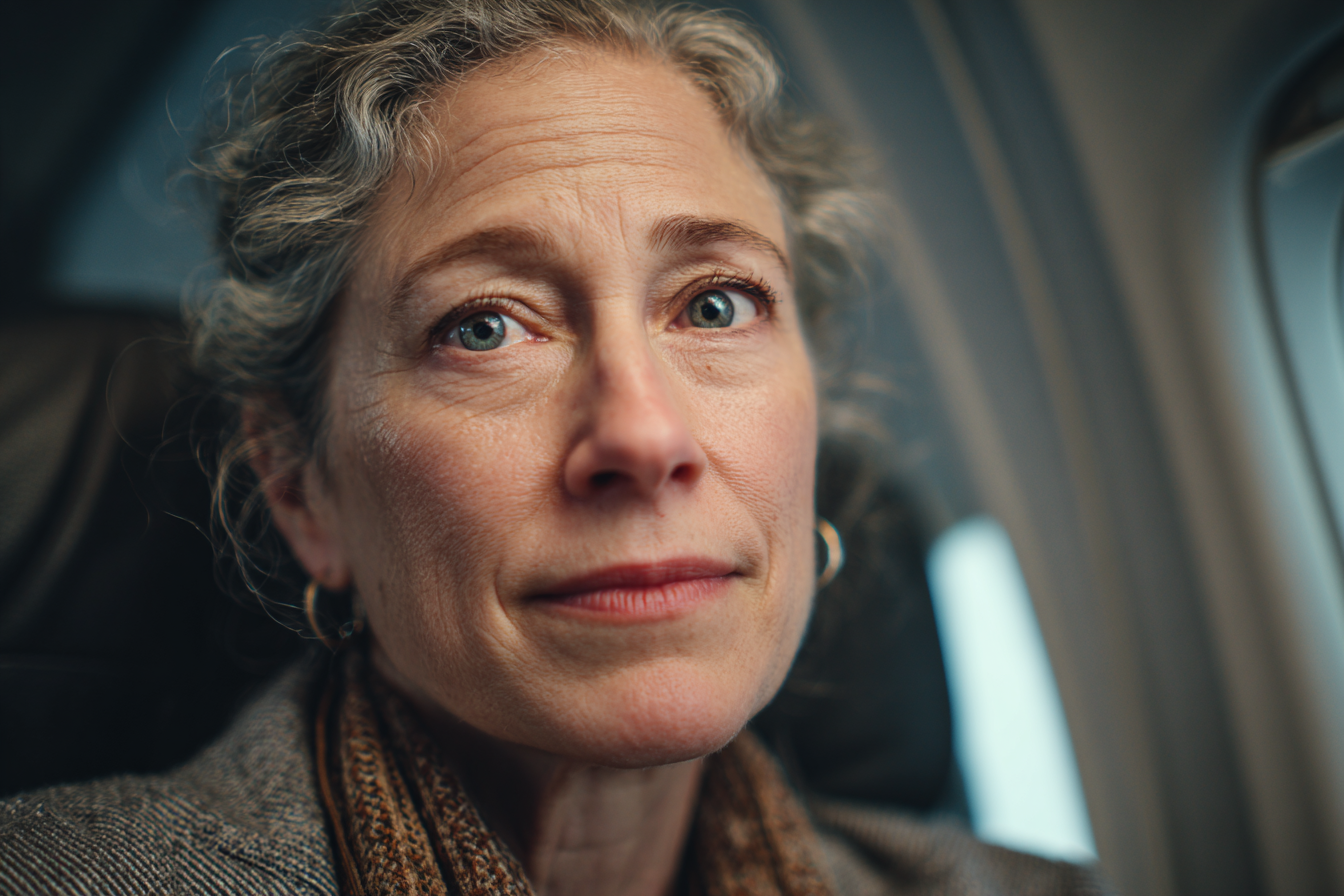 Eine ältere Frau, die in einem Flugzeug sitzt | Quelle: Midjourney