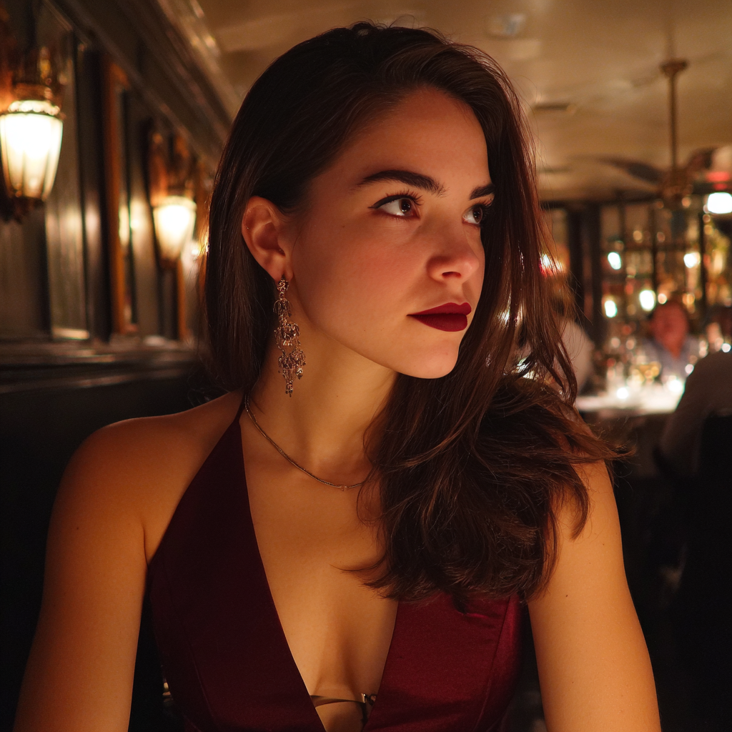 Eine aufgebrachte Frau in einem kastanienbraunen Kleid | Quelle: Midjourney