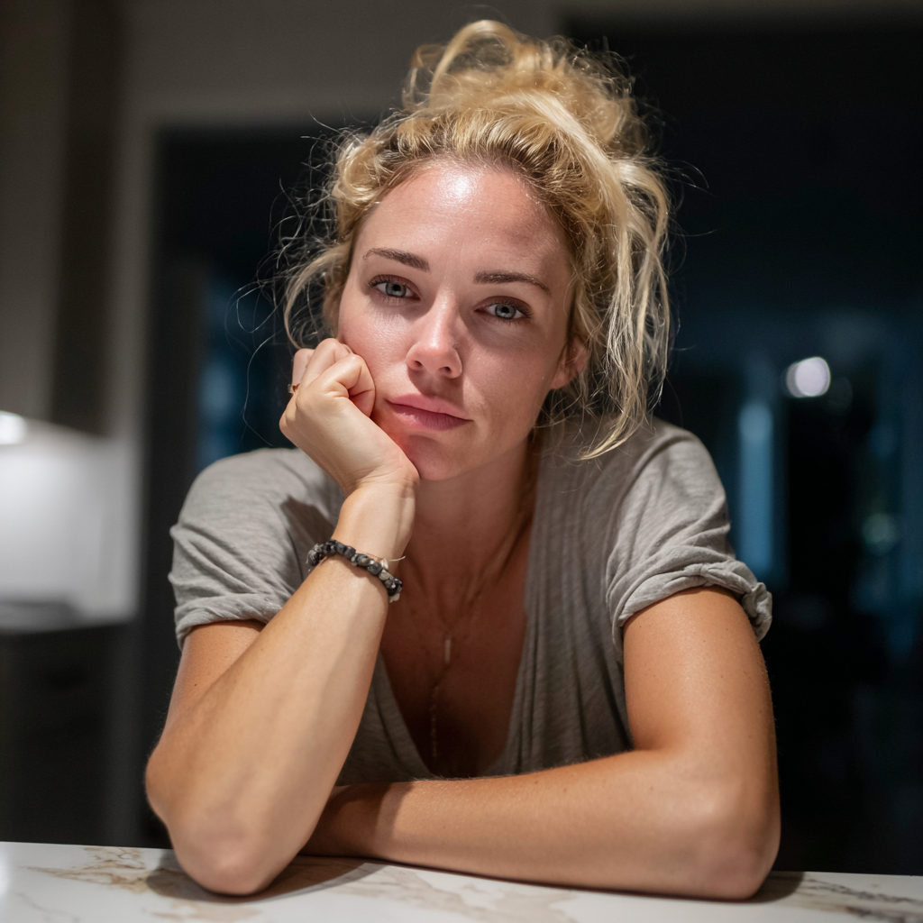 Eine nachdenkliche Frau sitzt an einem Tisch | Quelle: Midjourney