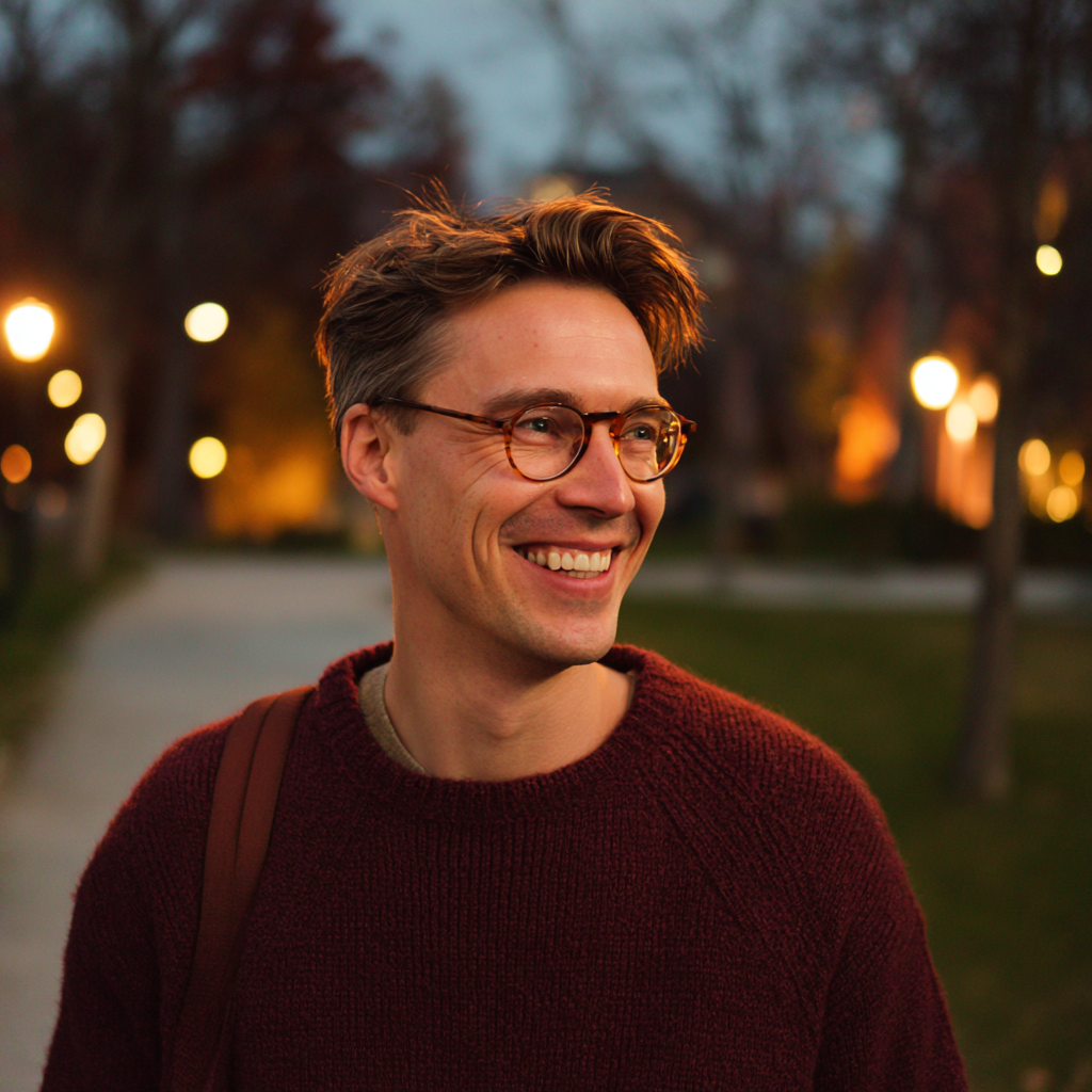 Ein lächelnder Mann, der in einem Park spazieren geht | Quelle: Midjourney