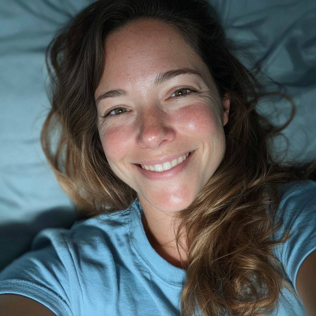 Eine Frau lächelt im Bett | Quelle: Midjourney