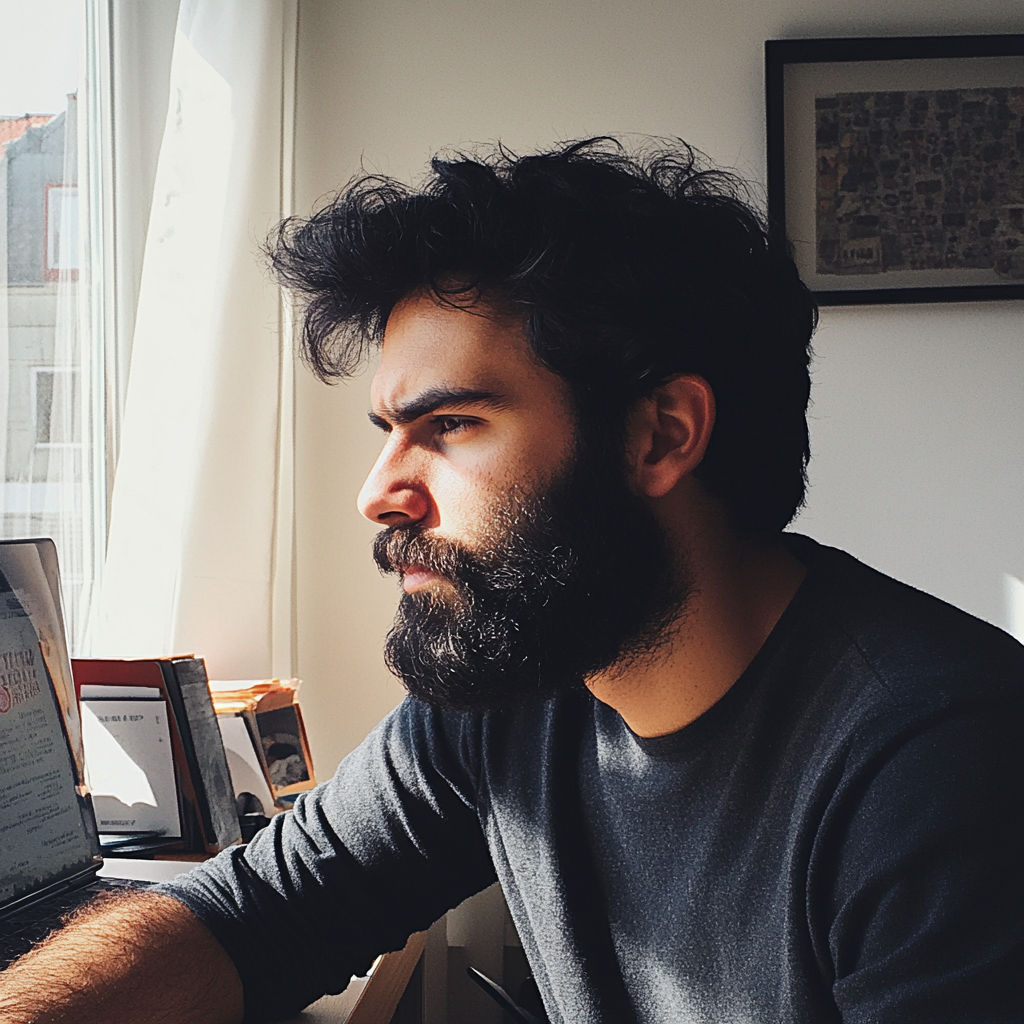 Ein Mann, der an seinem Schreibtisch sitzt und arbeitet | Quelle: Midjourney