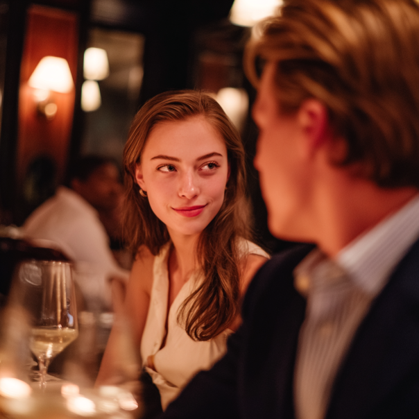Eine Frau, die ihren Freund bei einem Date liebevoll anschaut | Quelle: Midjourney