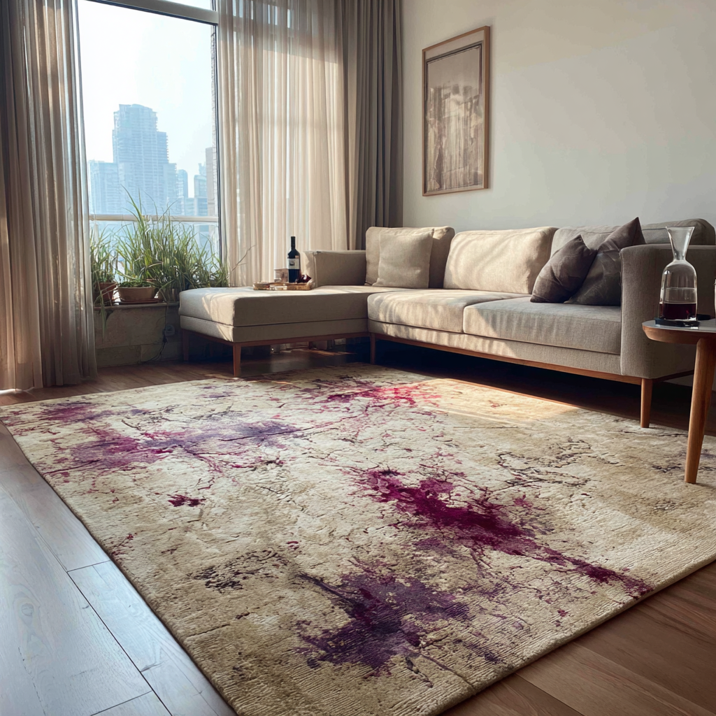 Ein fleckiger Teppich in einem Wohnzimmer | Quelle: Midjourney