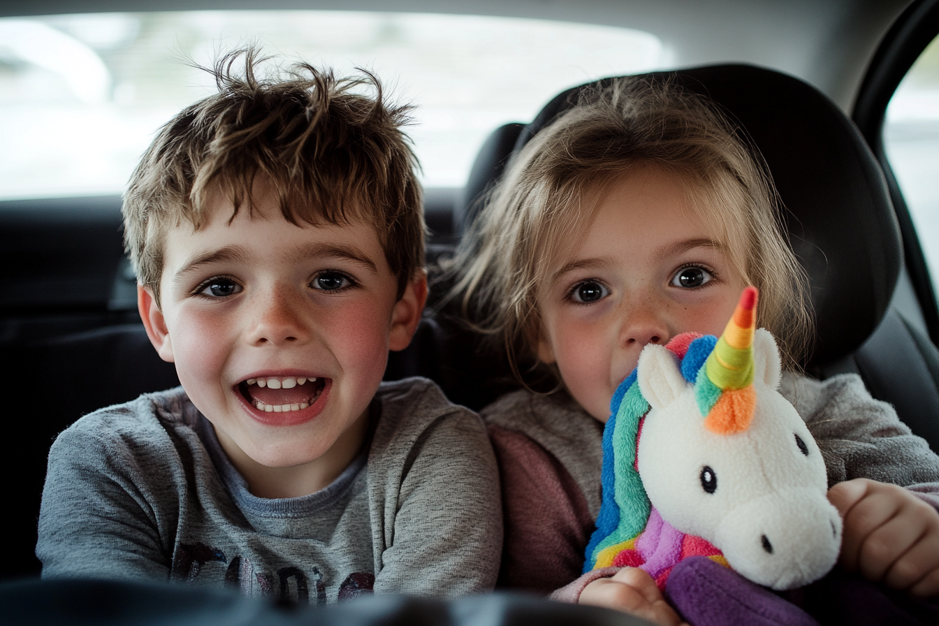 Zwei Kinder sprechen auf dem Rücksitz eines Autos | Quelle: Midjourney