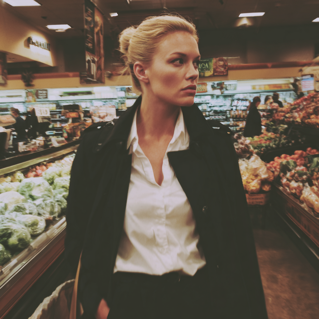 Eine genervte Frau in einem Lebensmittelladen | Quelle: Midjourney