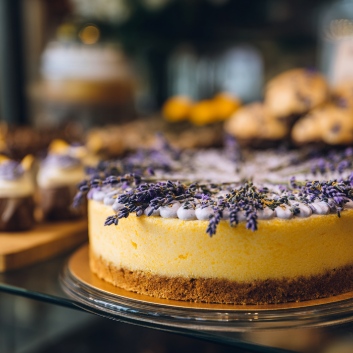 Eine Nahaufnahme von einem Zitronen-Lavendel-Kuchen | Quelle: Midjourney