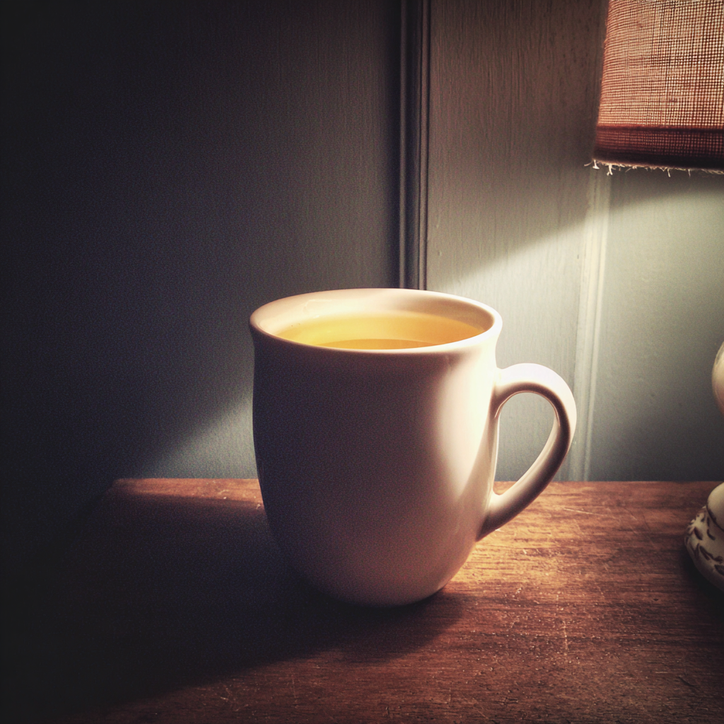 Eine Tasse Tee auf einem Nachttisch | Quelle: Midjourney