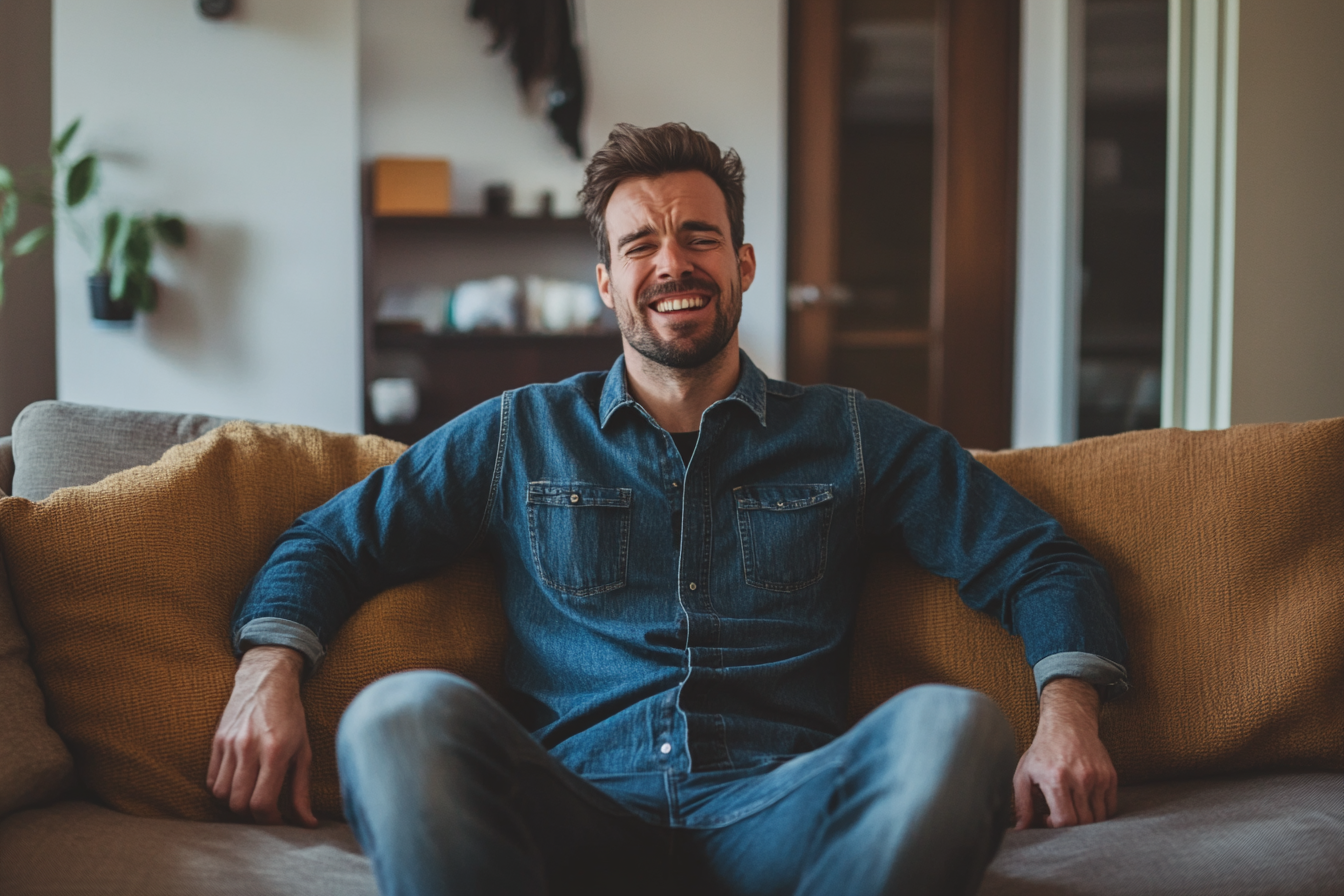 Ein amüsierter Mann sitzt auf einem Sofa | Quelle: Midjourney