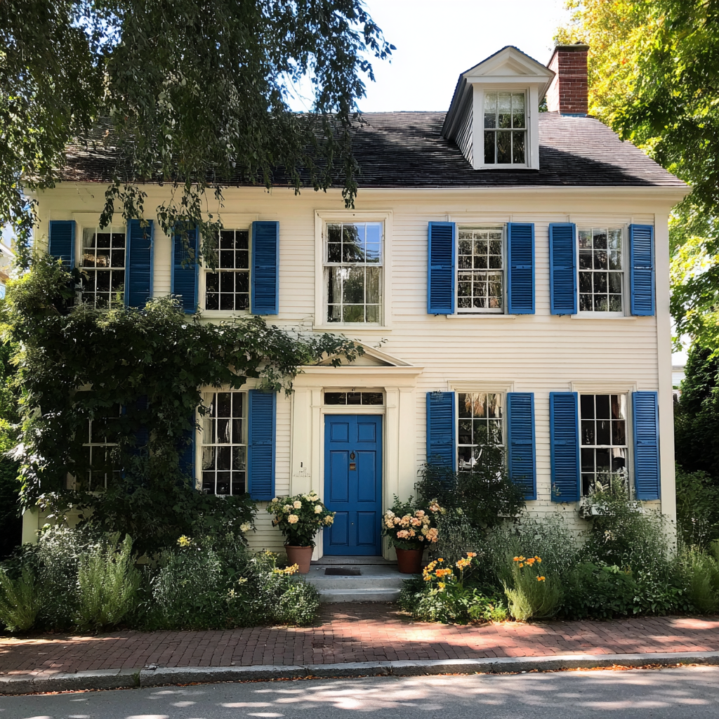 Die Außenseite eines Hauses mit blauen Fensterläden | Quelle: Midjourney