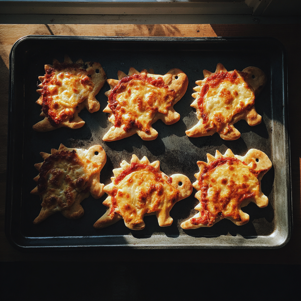 Dinosaurierförmige Mini-Pizzen auf einem Tablett | Quelle: Midjourney