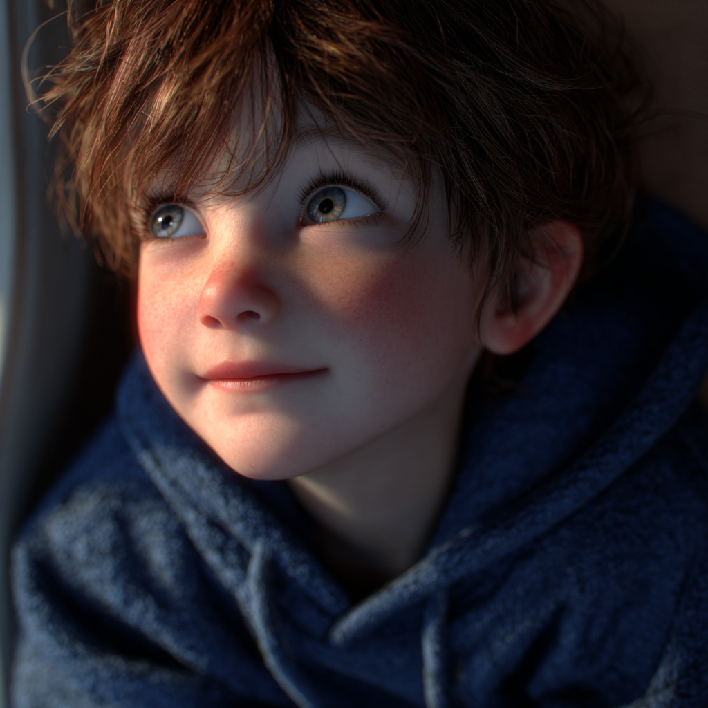 Ein kleiner Junge, der mit einem Lächeln nach oben schaut | Quelle: Midjourney