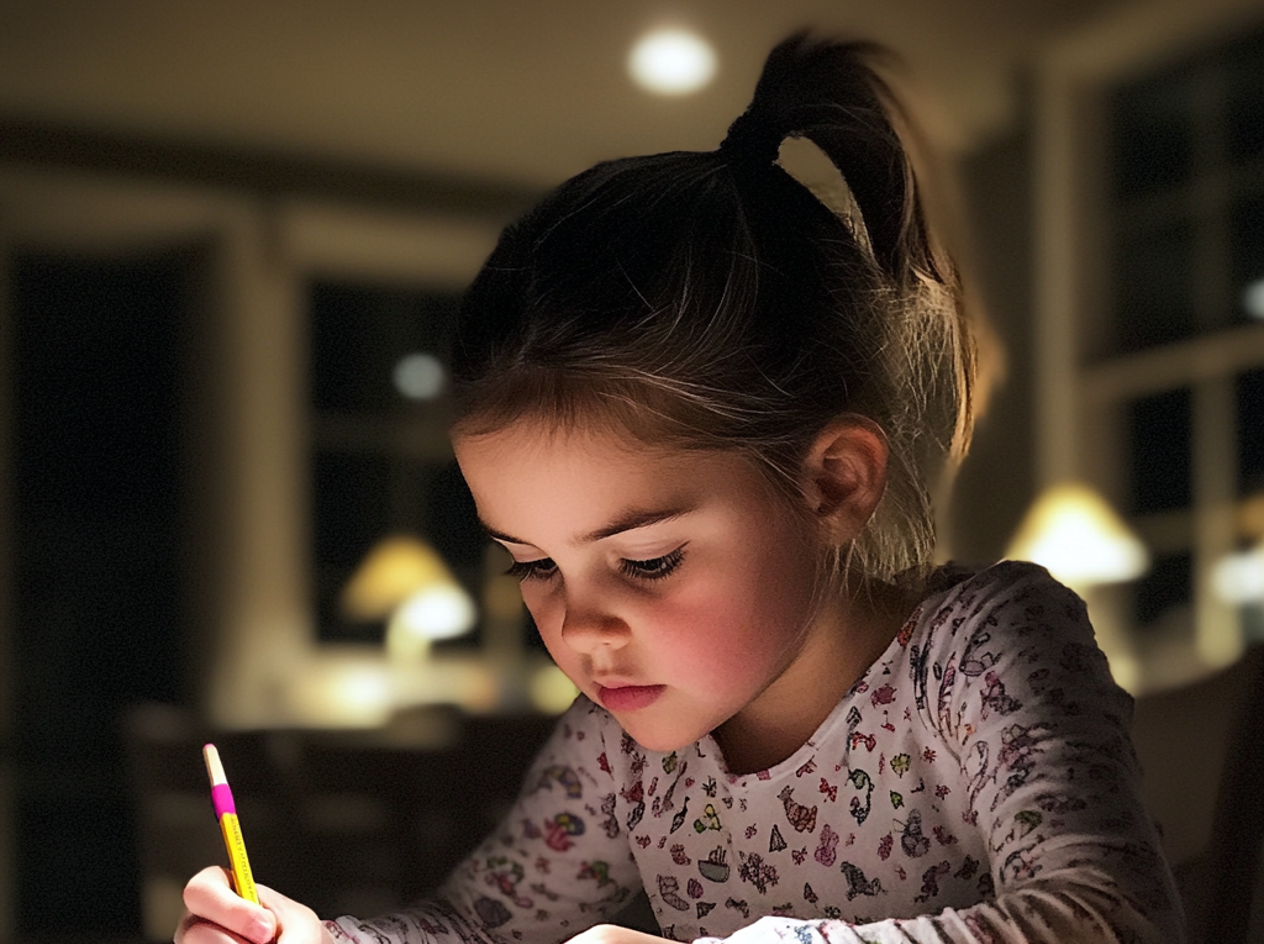Ein kleines Mädchen sitzt an einem Küchentisch | Quelle: Midjourney