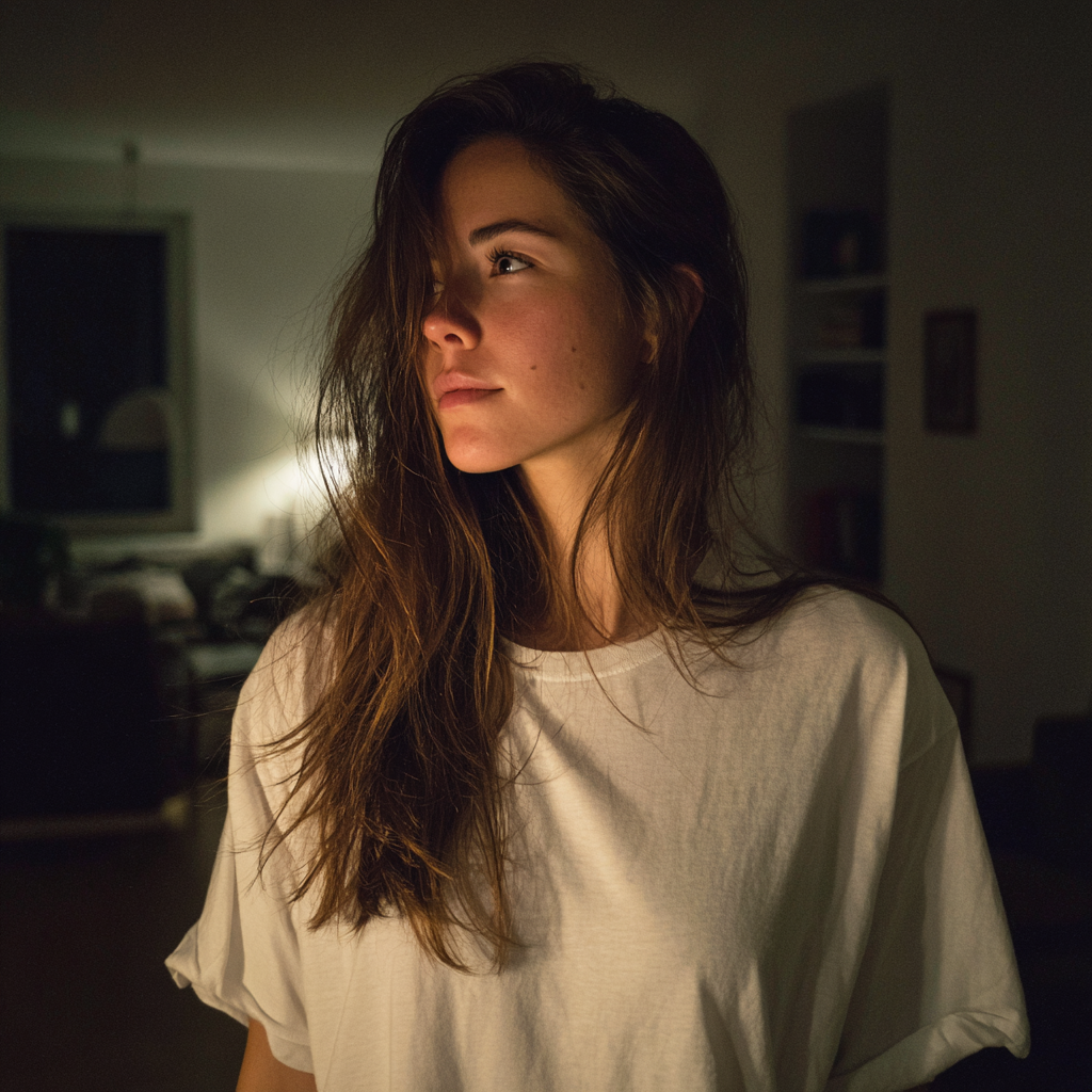 Eine nachdenkliche Frau in einem weißen T-Shirt | Quelle: Midjourney