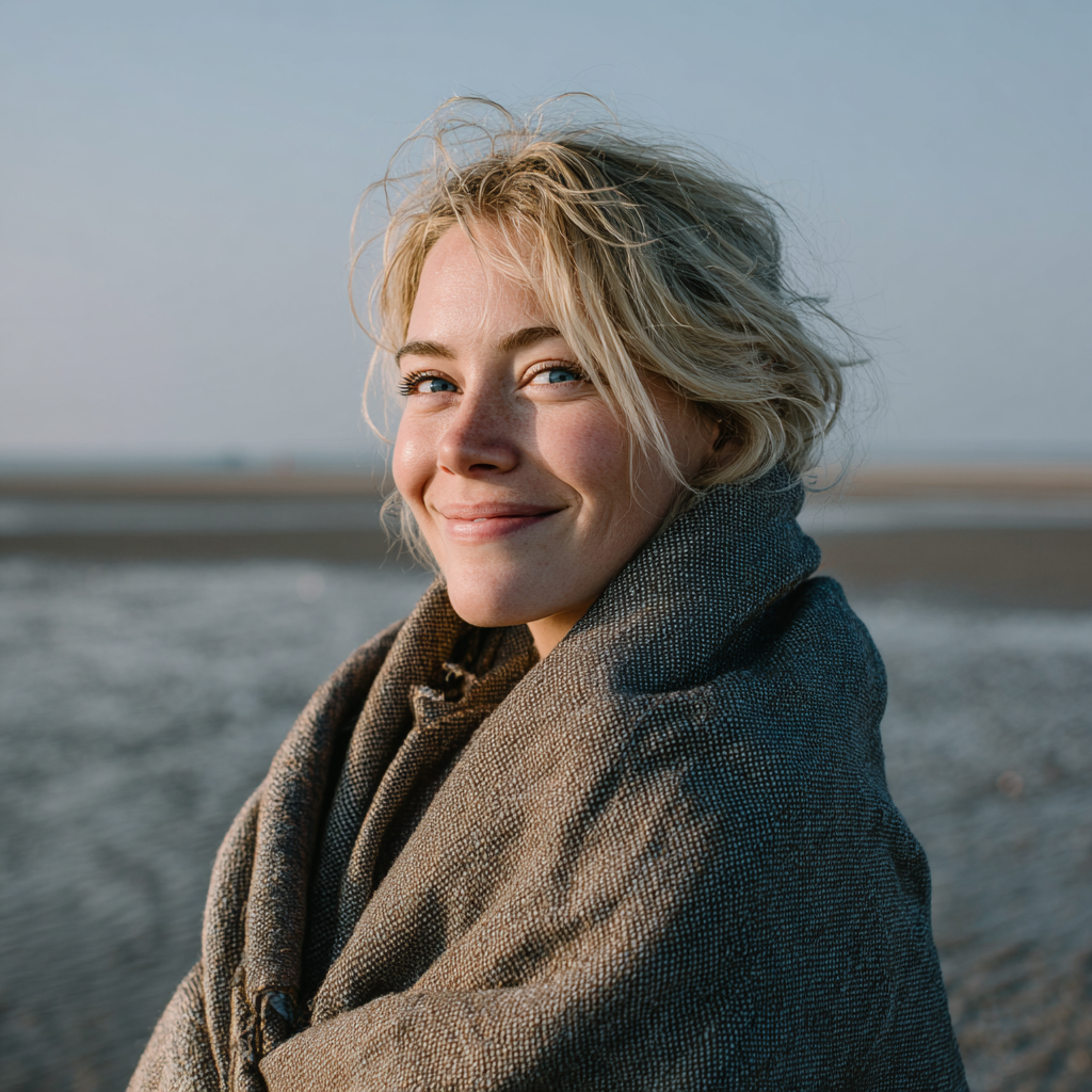 Eine lächelnde Frau, die am Strand steht | Quelle: Midjourney