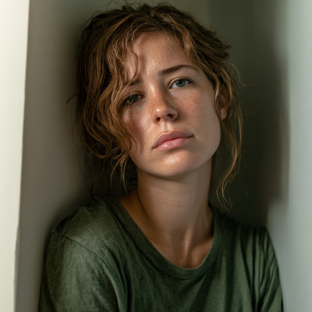 Eine emotionale Frau, die sich an eine Wand lehnt | Quelle: Midjourney