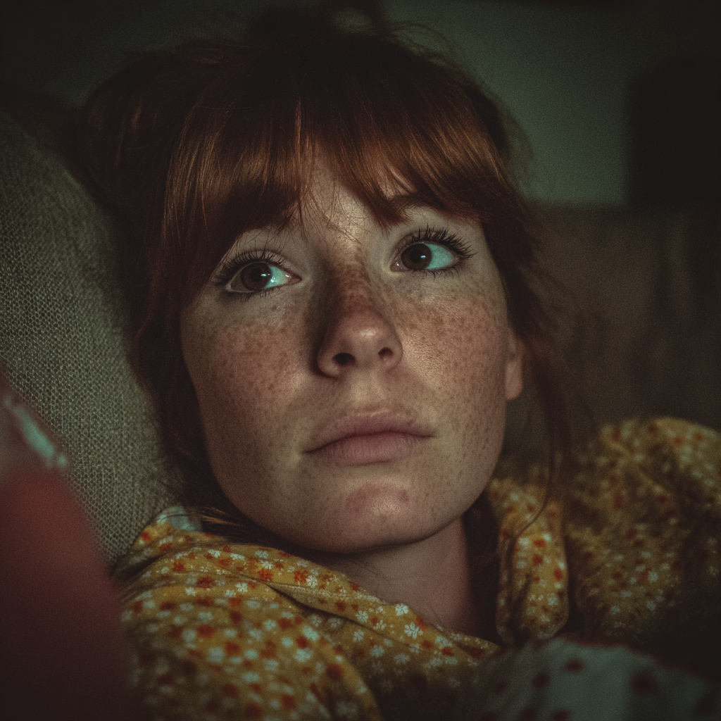 Eine emotionale Frau, die auf einer Couch sitzt | Quelle: Midjourney