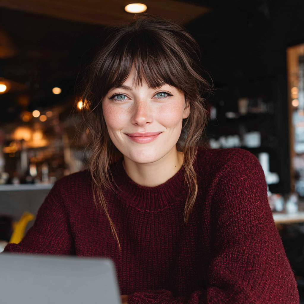 Eine Frau sitzt in einem Café mit ihrem Laptop | Quelle: Midjourney