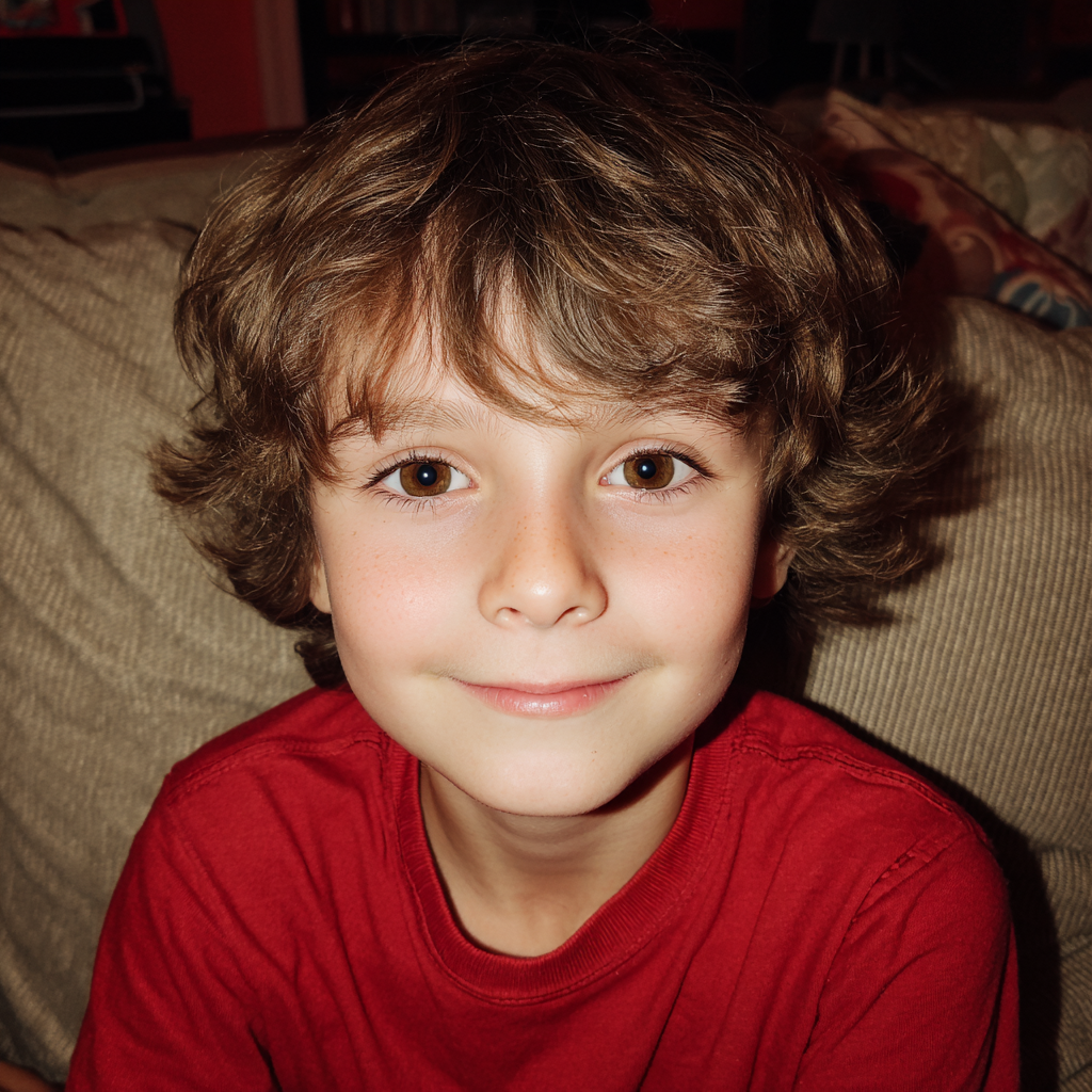 Ein lächelnder kleiner Junge sitzt auf einer Couch | Quelle: Midjourney