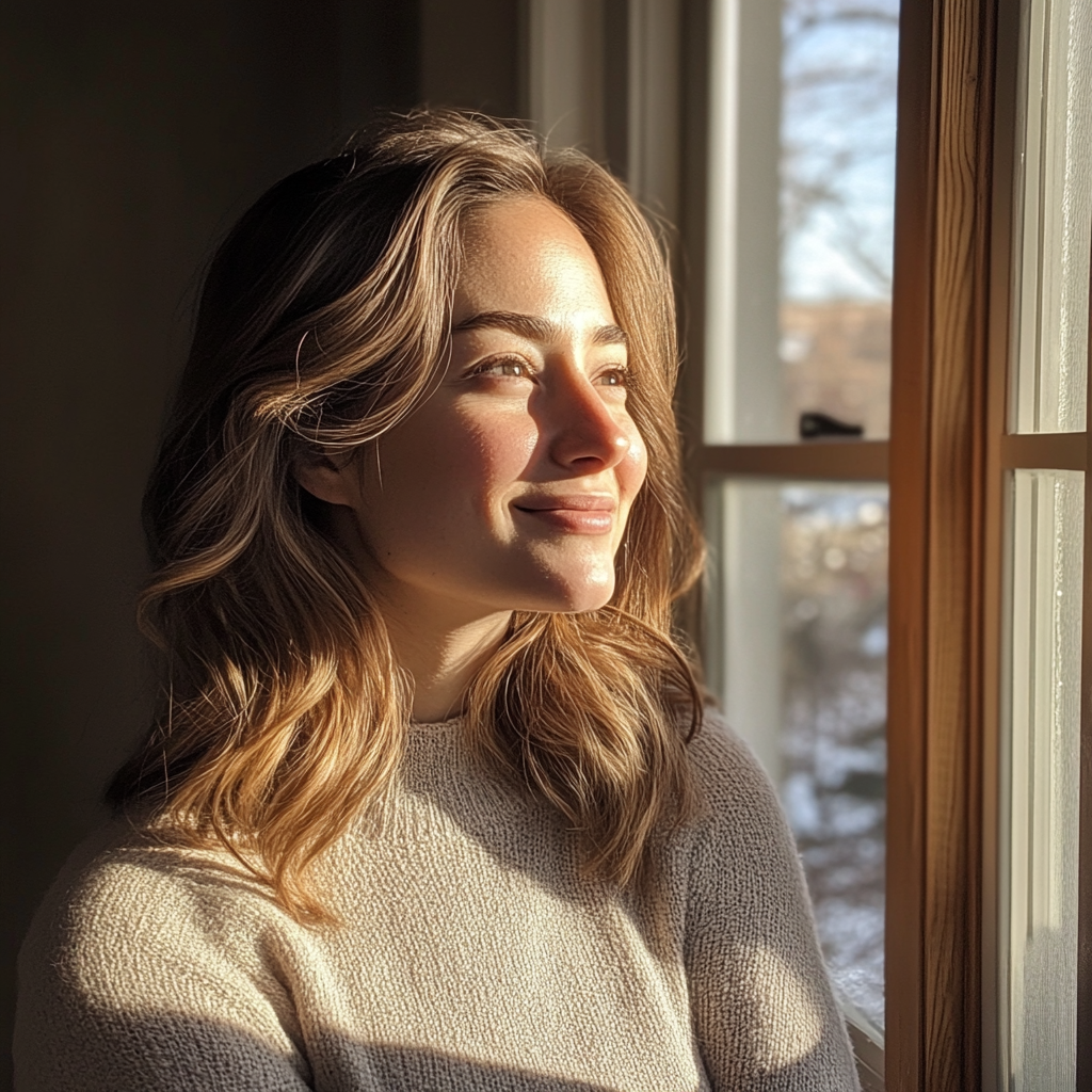 Eine lächelnde Frau, die aus einem Fenster schaut | Quelle: Midjourney