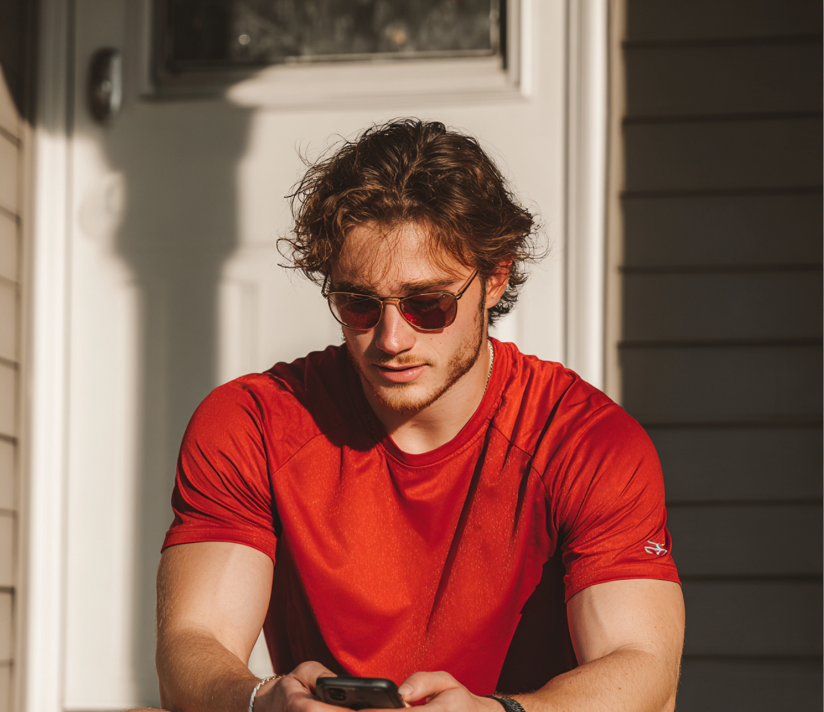 Ein Mann sitzt auf einer Veranda und schreibt eine SMS | Quelle: Midjourney