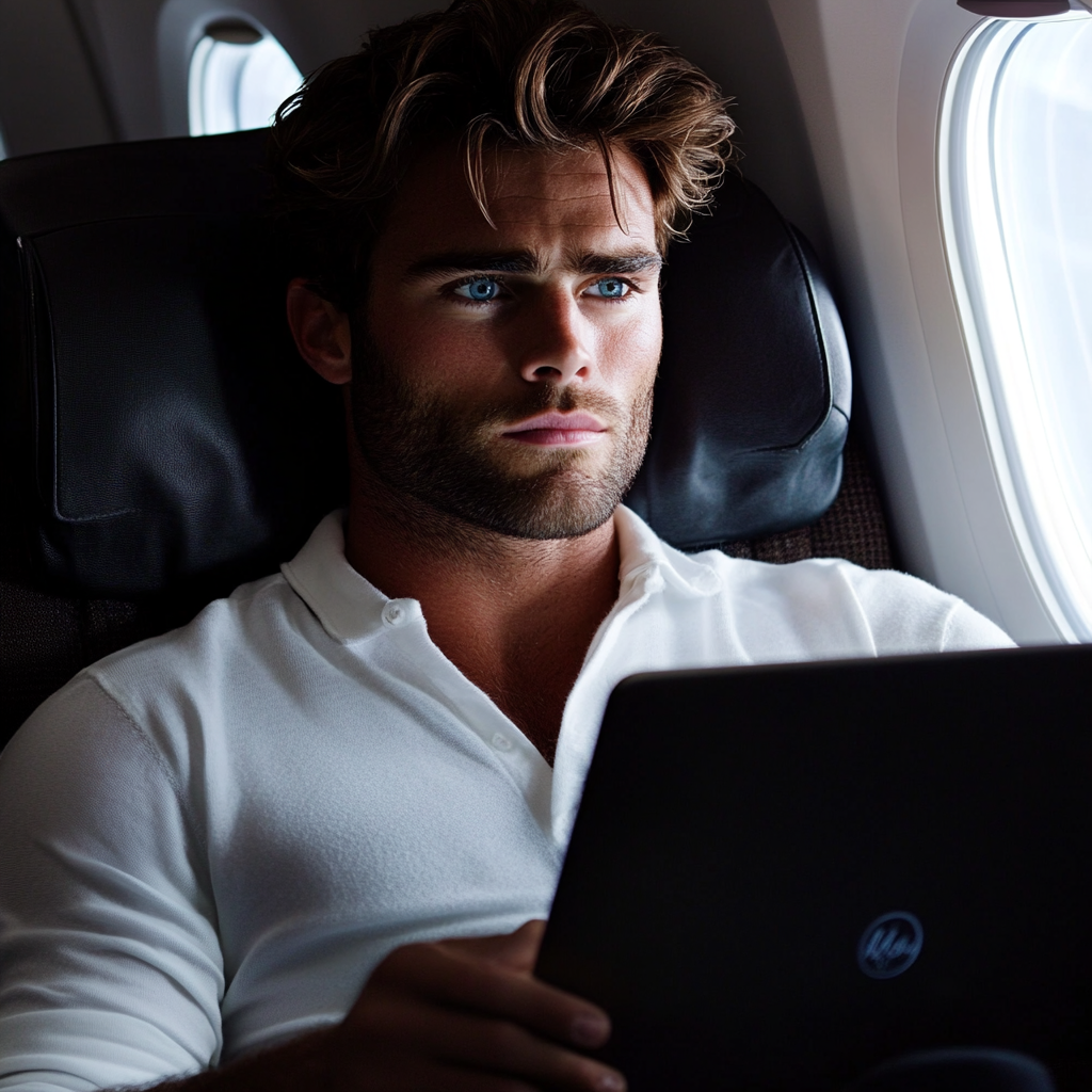 Ein Mann hält einen Laptop in einem Flugzeug | Quelle: Midjourney