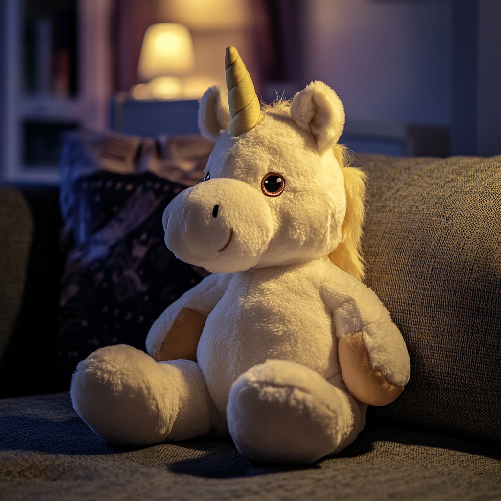 Ein ausgestopftes Einhorn auf einer Couch | Quelle: Midjourney