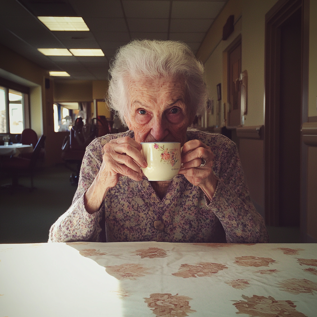 Eine alte Frau beim Teetrinken | Quelle: Midjourney