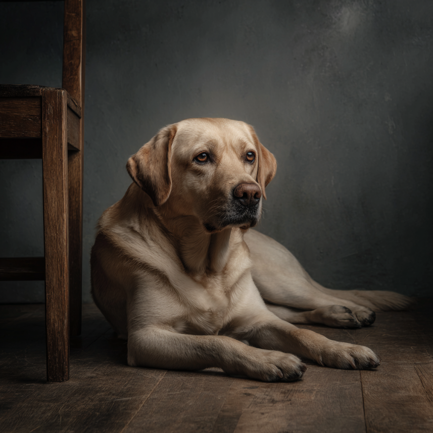 Pies leżący obok krzesła | Źródło: Midjourney