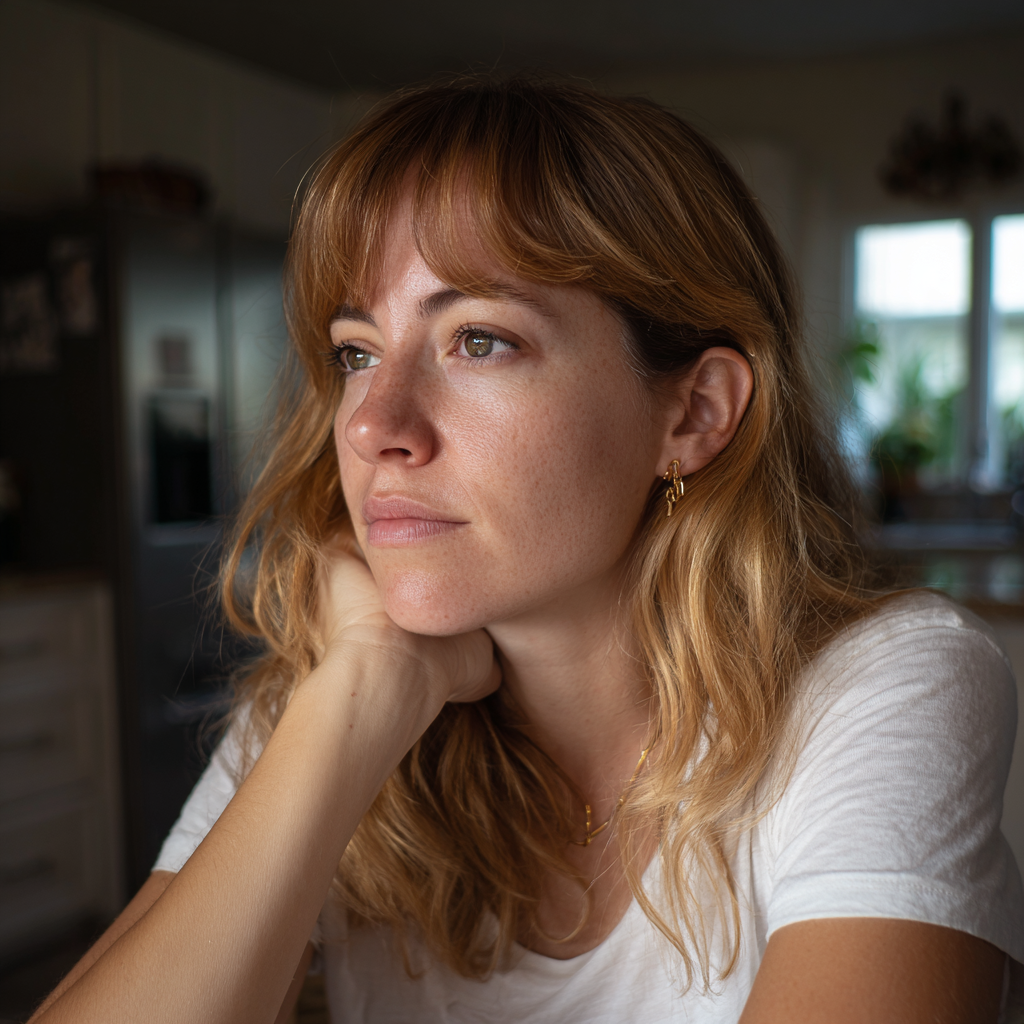 Eine besorgte Frau in einem weißen T-Shirt | Quelle: Midjourney