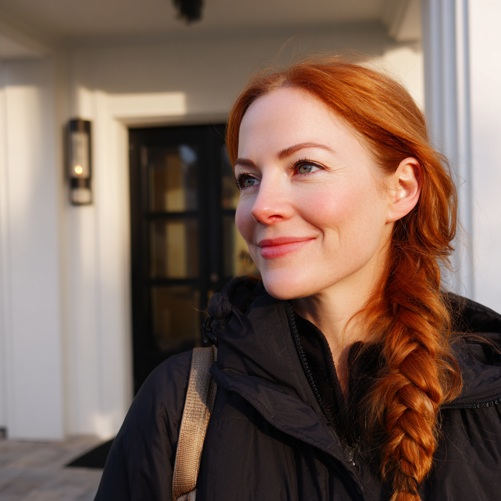 Eine lächelnde Frau, die vor einem Haus steht | Quelle: Midjourney