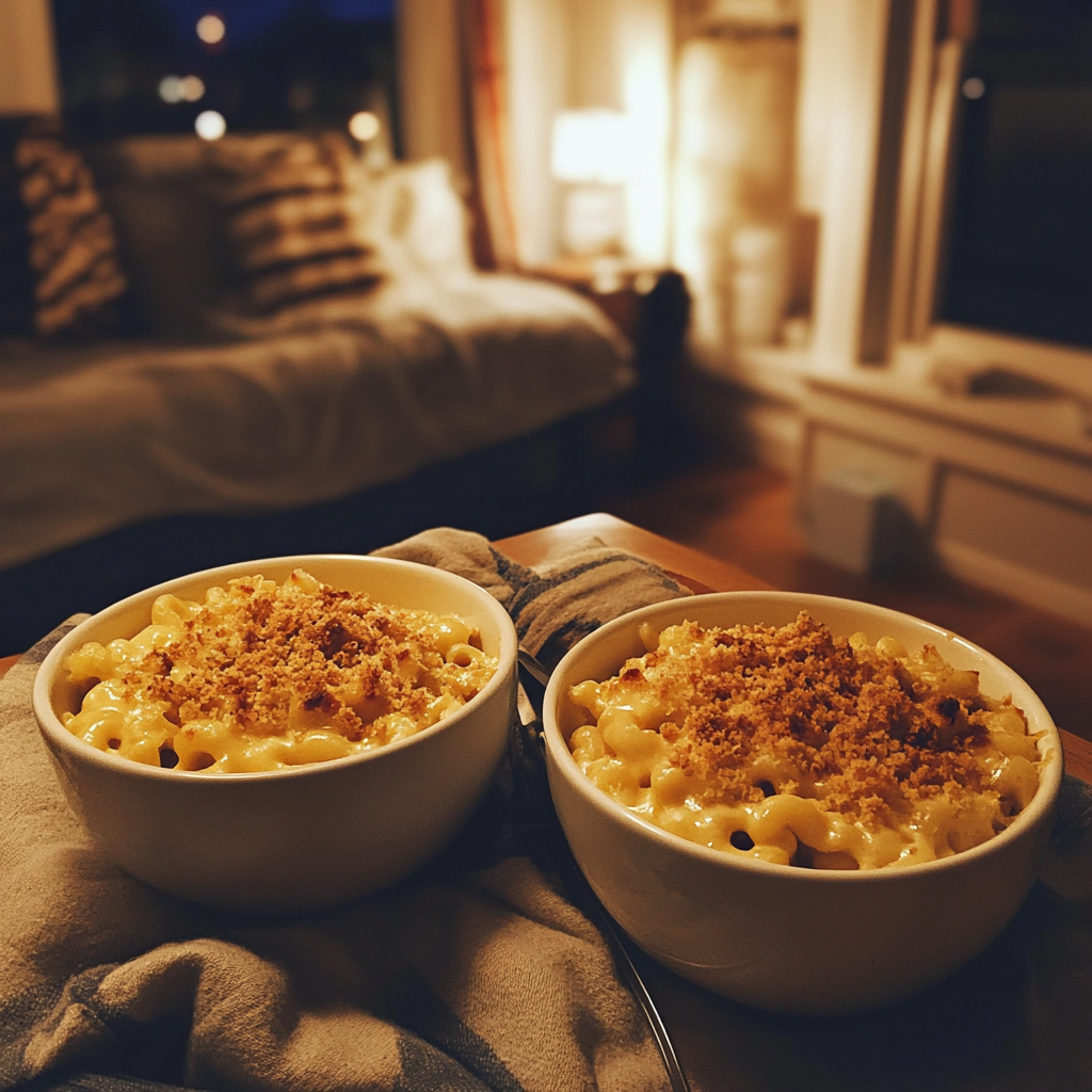 Schüsseln mit Mac und Käse auf einem Couchtisch | Quelle: Midjourney