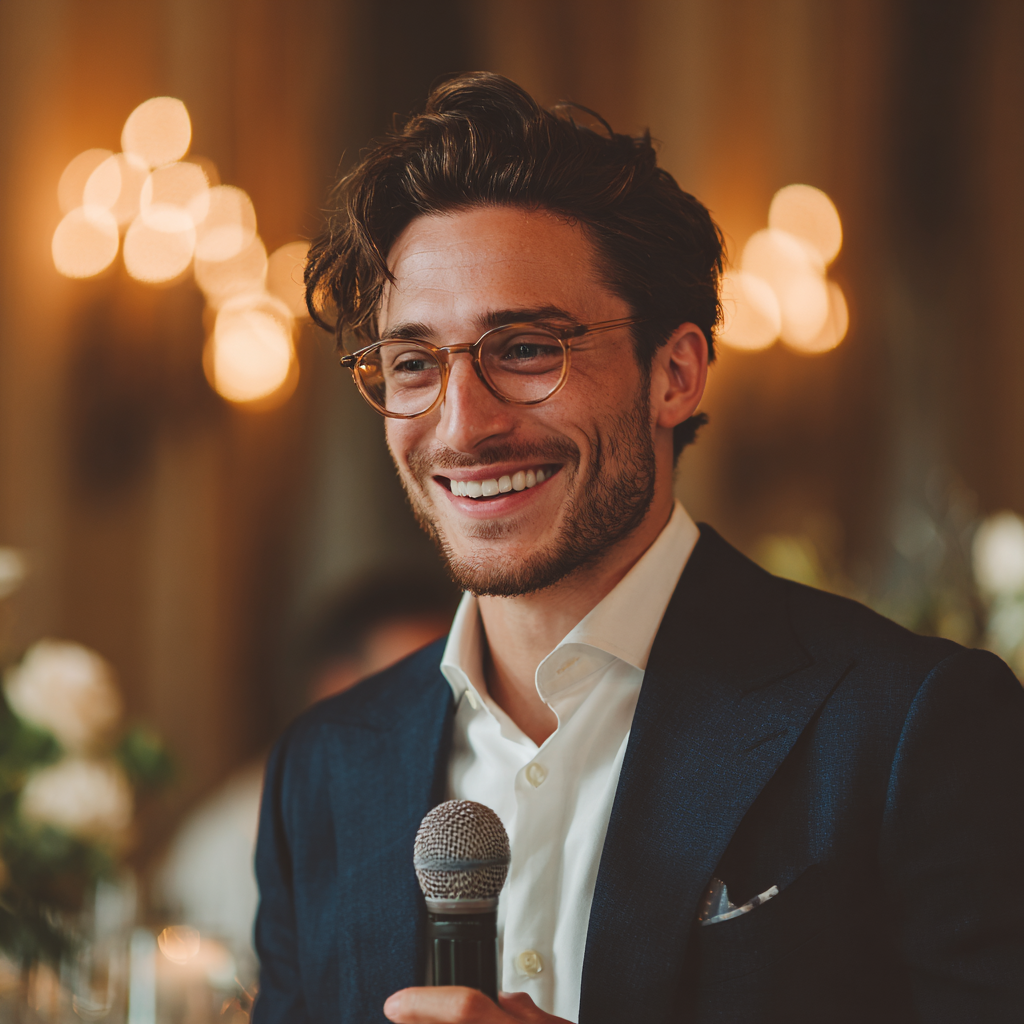 Ein Bräutigam hält ein Mikrofon | Quelle: Midjourney