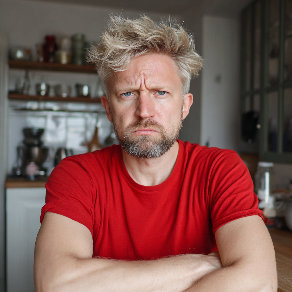 Ein wütender Mann sitzt mit verschränkten Armen | Quelle: Midjourney