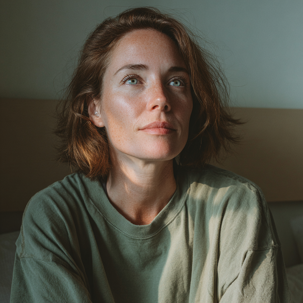 Eine hoffnungsvolle Frau mit einem grünen T-Shirt | Quelle: Midjourney