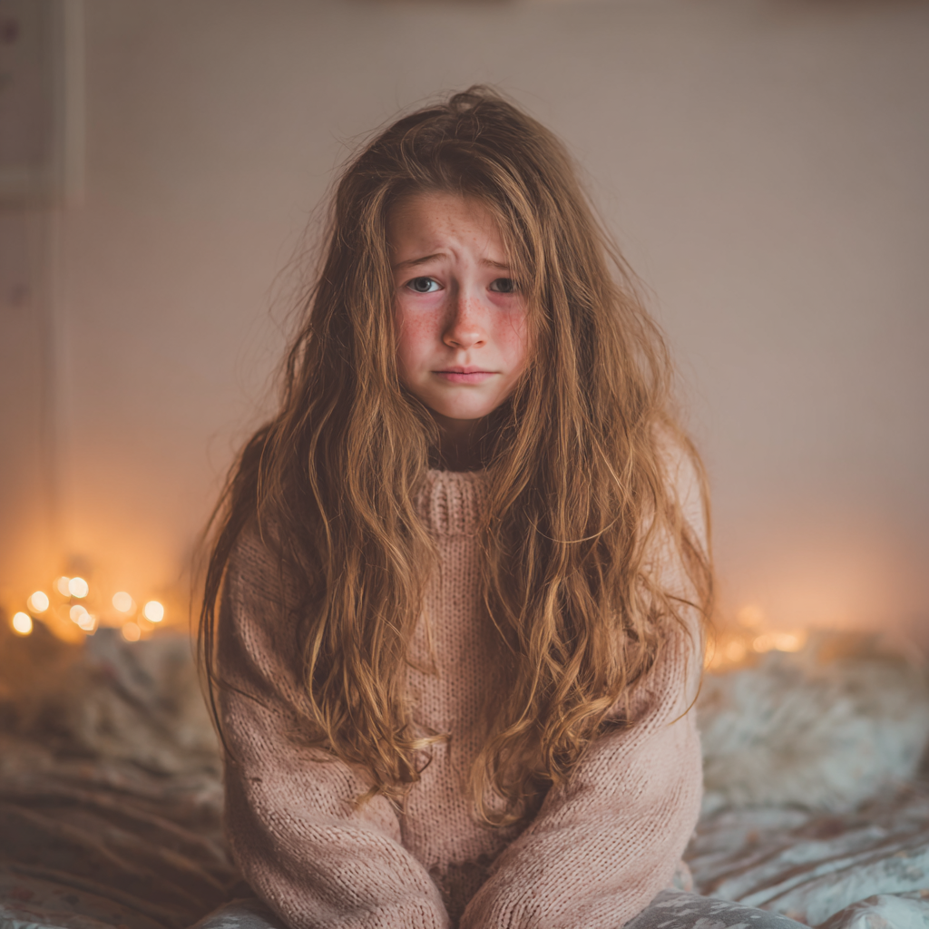 Ein aufgeregtes kleines Mädchen sitzt auf einem Bett | Quelle: Midjourney
