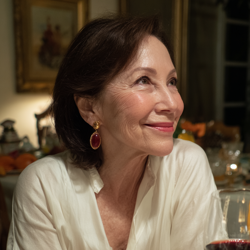 Eine lächelnde Frau, die an einem Tisch sitzt | Quelle: Midjourney