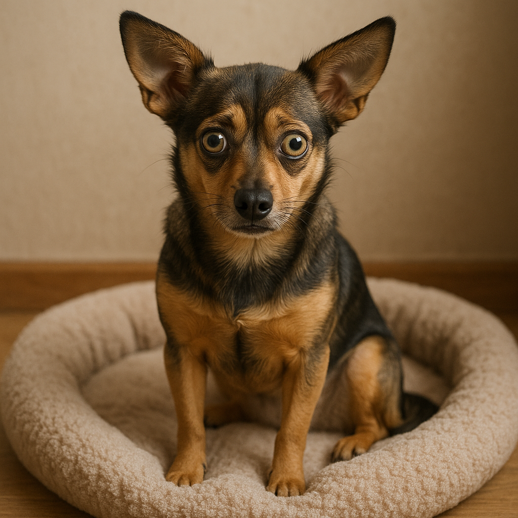 Ein Mischlingshund sitzt auf einem Hundebett | Quelle: DALL-E