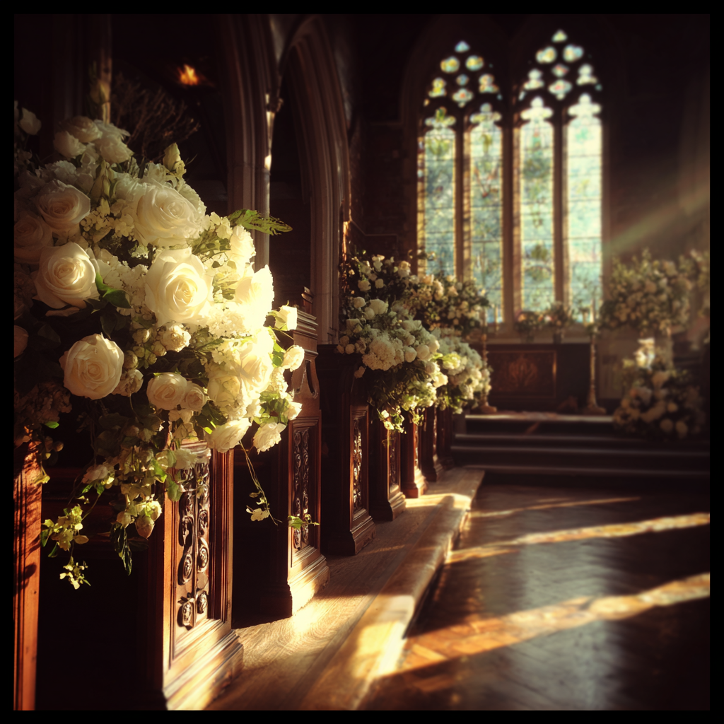 Weiße Rosen auf Kirchenbänken | Quelle: Midjourney