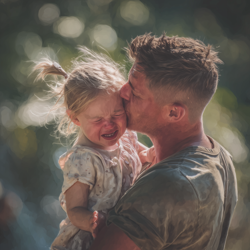 Ein Vater hält seine weinende Tochter in einem Park | Quelle: Midjourney